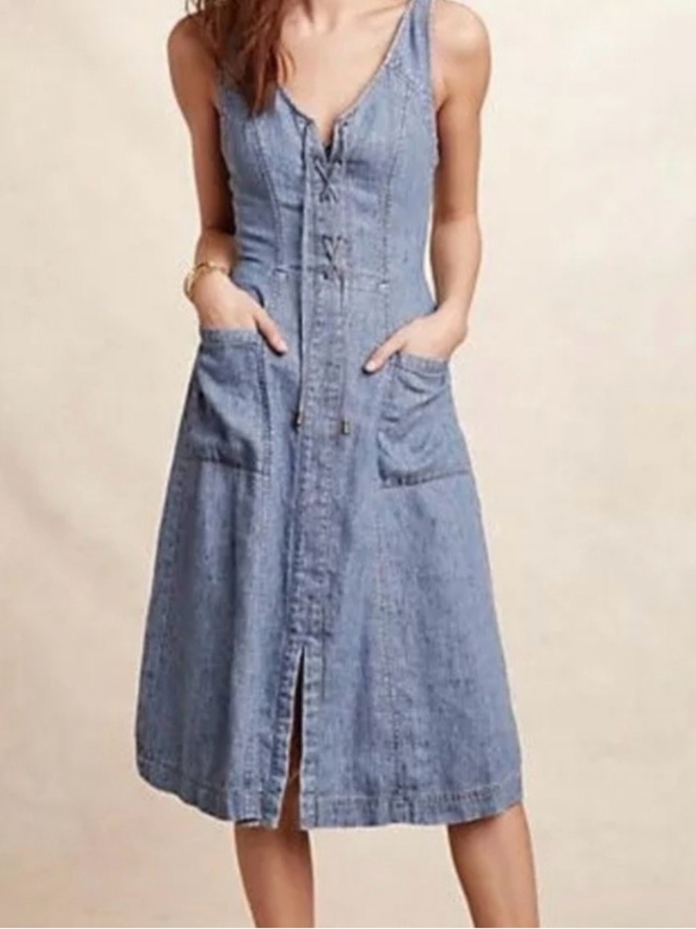 HOLDING HORSES Washed Blue Denim Midi Dress with Front Pockets